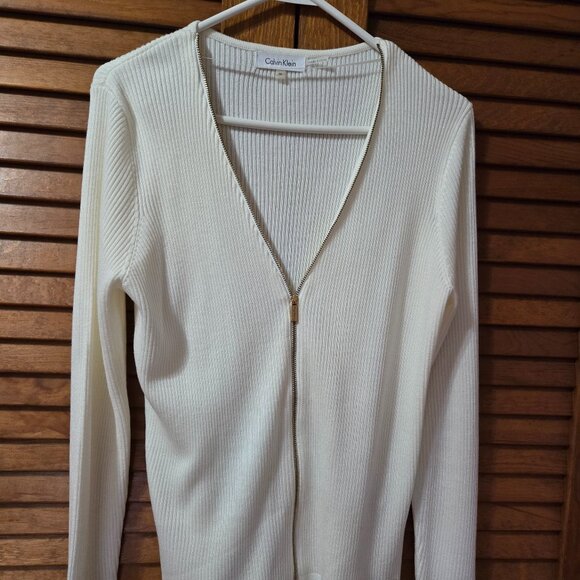 Calvin Klein Long Sleeve Off White/Cream and Gold Cardigan Medium - Picture 1 of 7